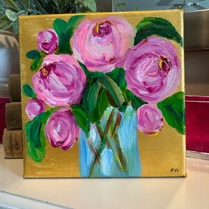 Original Floral Canvas Art with Pink Roses